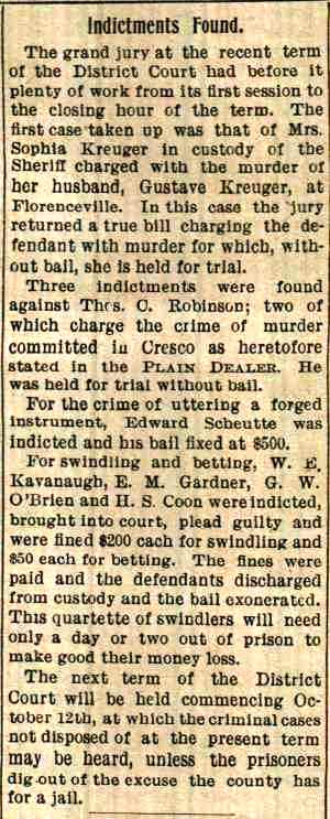Gustave Kreuger Murder Cresco Twice-A-Week Plain Dealer Tuesday June 16, 1903